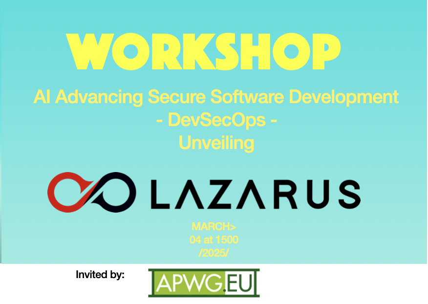 Flyer for the Lazarus workshop on AI in secure software development and DevSecOps on March 4, 2025, at 15:00.