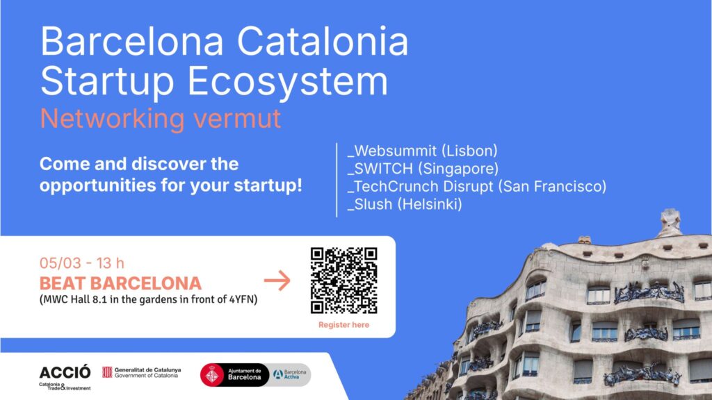 Banner for the Barcelona Catalonia Startup Ecosystem Networking Vermut at MWC, March 5, 2025, 13:00, at BEAT Barcelona, Hall 8.1.