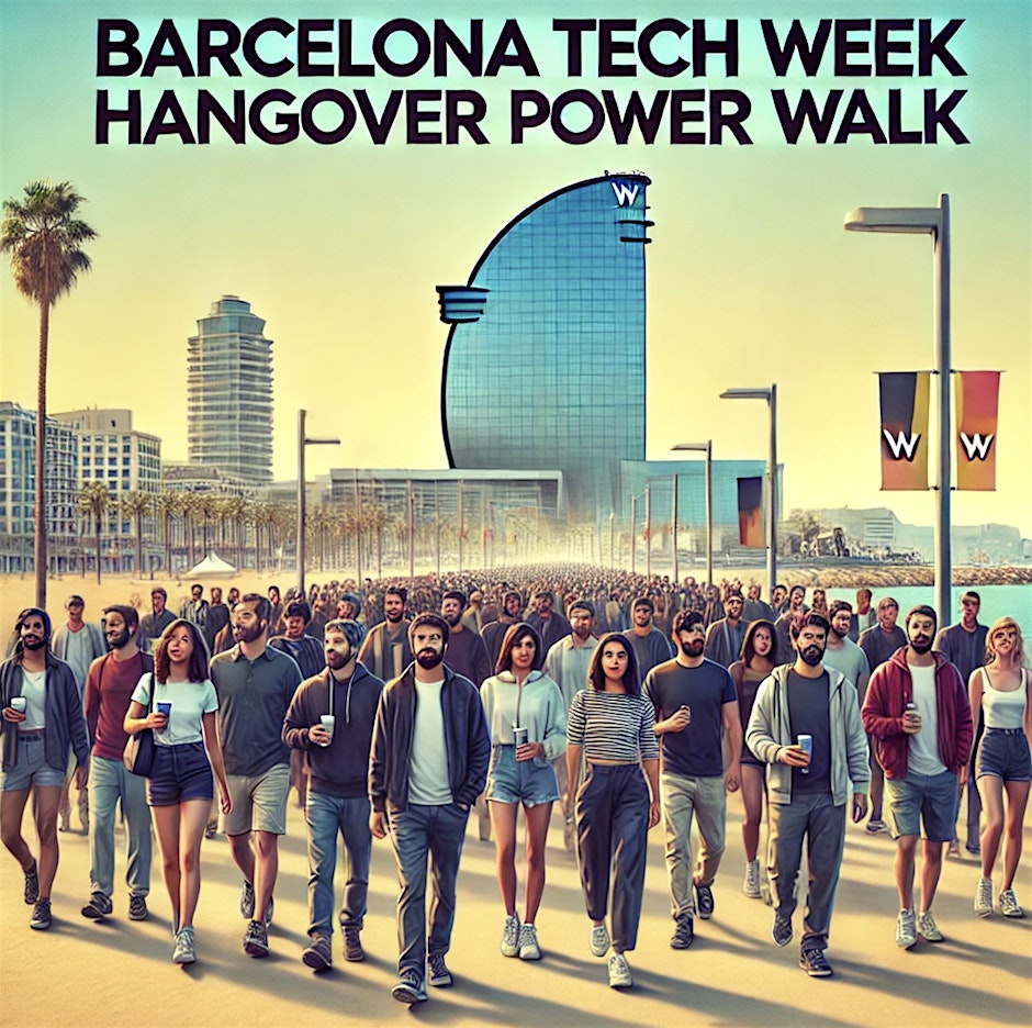 Banner for the Barcelona Tech Week Hangover Power Walk, featuring a large crowd walking by the W Hotel on a sunny beachfront.