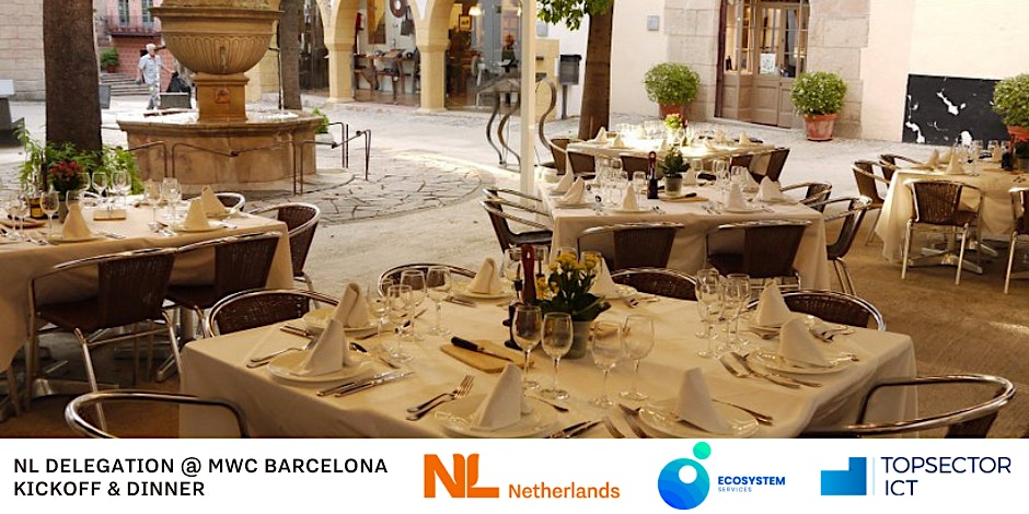 Outdoor dining setup for the NL Delegation @ MWC Barcelona Kickoff & Dinner, featuring elegantly set tables in a charming courtyard.