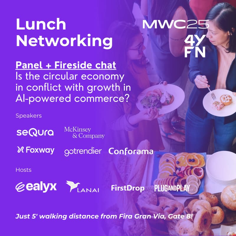 Purple flyer for Lunch Networking at MWC & 4YFN, featuring a panel on AI commerce and the circular economy. Event hosted by Ealyx, March 2025.