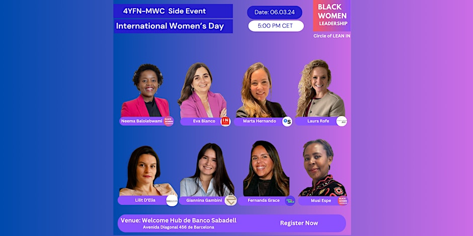 Banner for the 4YFN-MWC Side Event on International Women’s Day, featuring speakers and event details. March 6, 2024, at 5:00 PM CET.