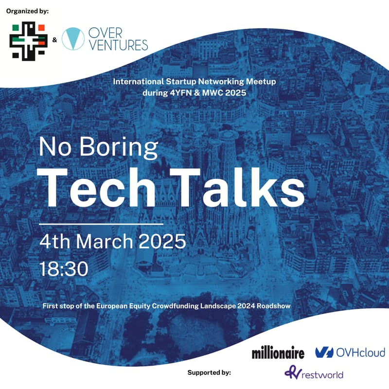 Flyer for the No Boring Tech Talks event by Over Ventures and Italian Tech Club on March 4 at 18:30h in Barcelona.