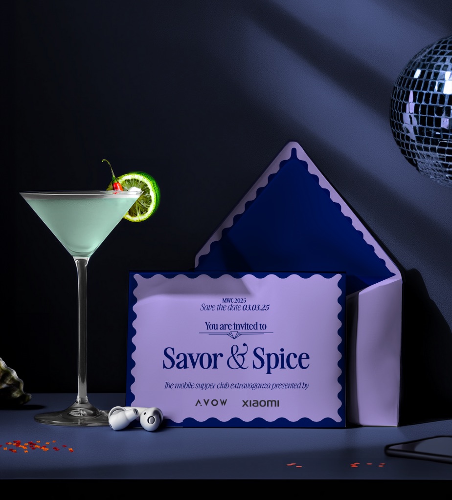 Invitation card for 'Savor & Spice,' a mobile supper club event during MWC 2025, accompanied by a martini glass, wireless earbuds, and a disco ball.