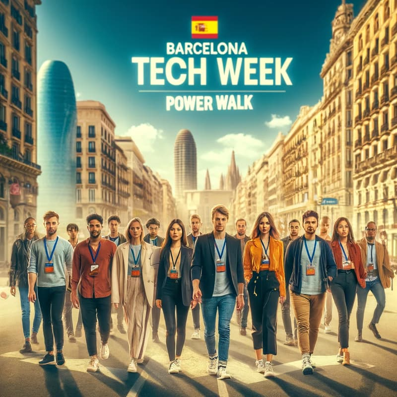 Group of professionals walking down a Barcelona street for Barcelona Tech Week Power Walk, with iconic landmarks in the background.