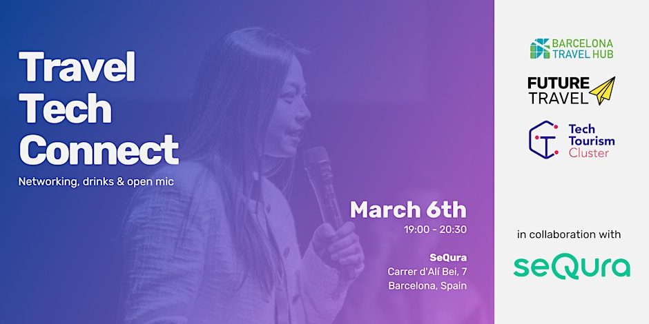 Purple banner for Travel Tech Connect, a networking event with drinks and open mic on March 6, 2025, at SeQura in Barcelona, Spain.