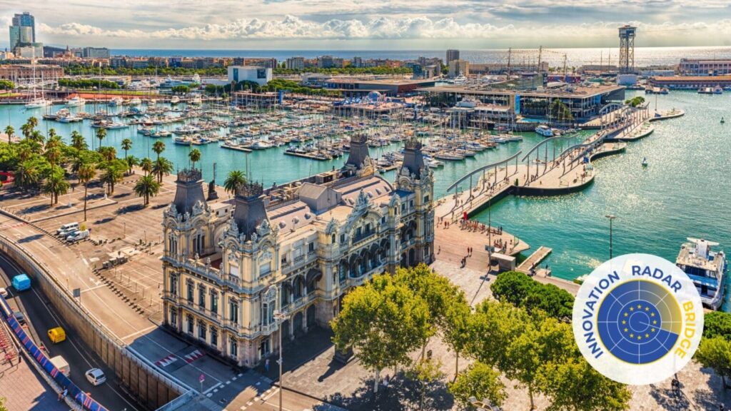 View of Barcelona’s Port Vell with the customs building, marina, and Innovation Radar Bridge logo in the bottom-right.